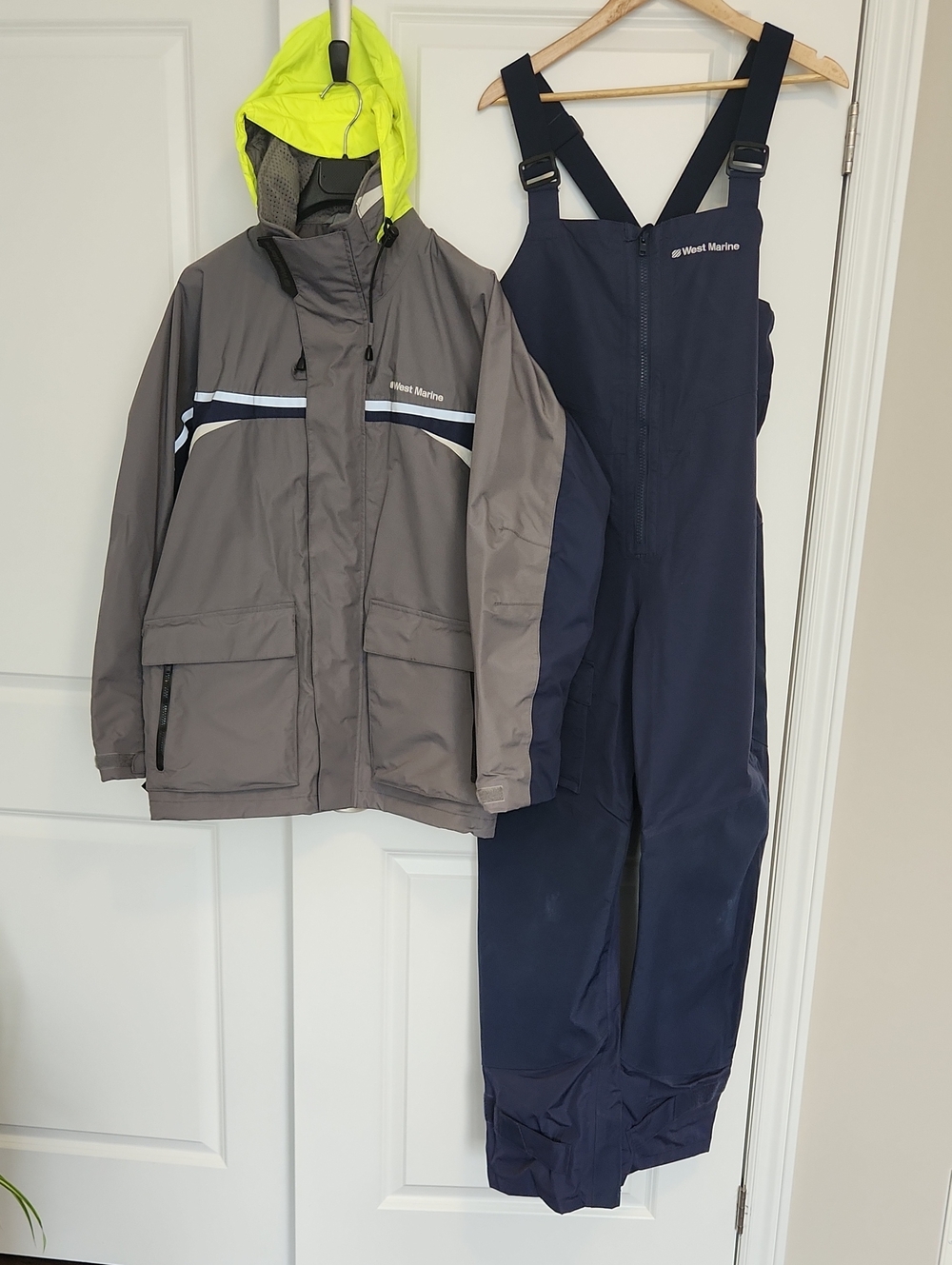 West Marine Gray Rain Jacket with Neon Hood And Overall Pants Set.